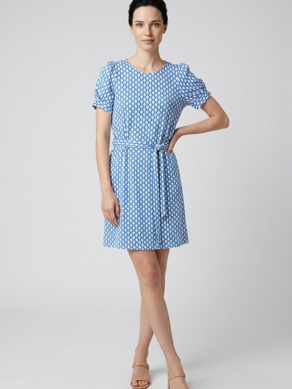 Boden Knot Detail Jersey Mini Dress Blue White Geometric Print Tie Waist